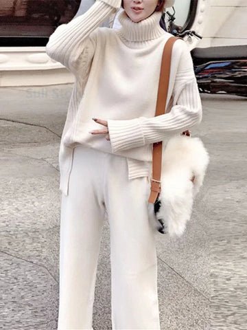 Getadme Sweater Set Warm suit for Women Winter Knitted Suits 2 Piece Set Soild Turtleneck Sweater + Loose Trousers Office Lady Suit
